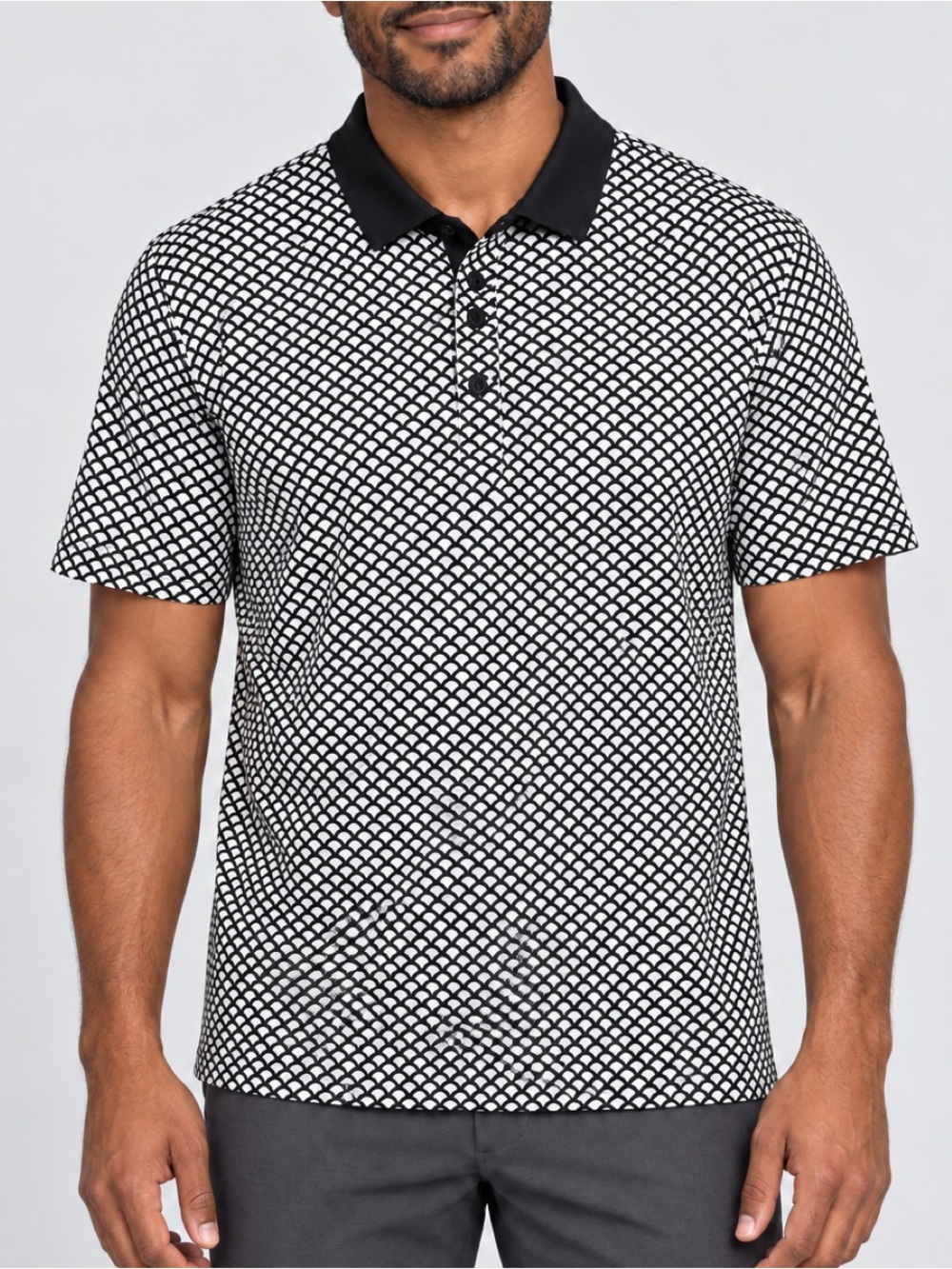 REDVANLY Polo Shirt Mens M Black White Geometric Scallop Print Golf